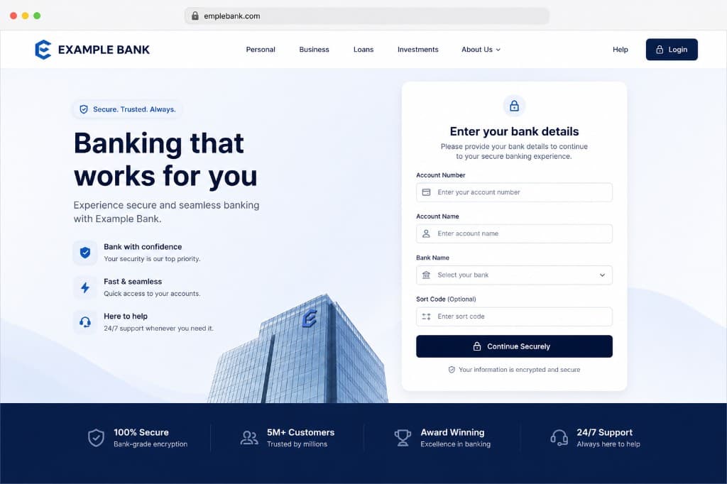 Lookalike bank page at emplebank.com asking for account details