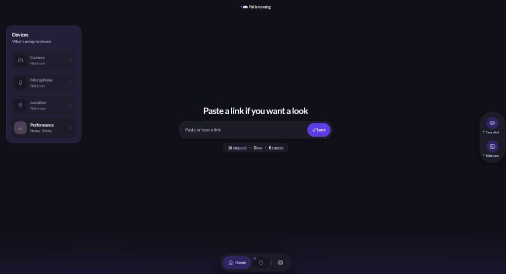 Pal home, paste a link, devices, and camera controls